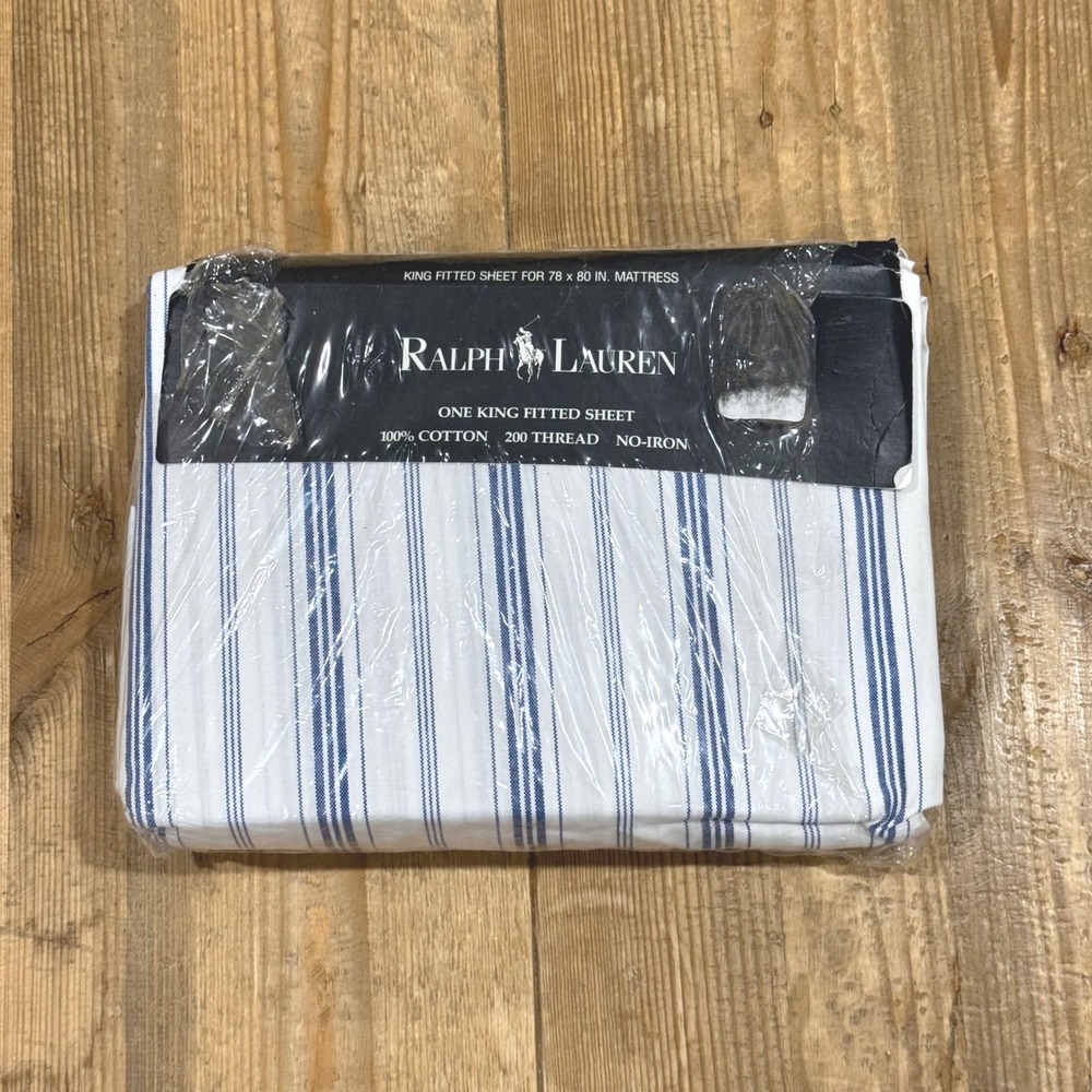 Ralph Lauren Village Stripe Fitted Sheet Blue White Vintage 1990 NEW- King
